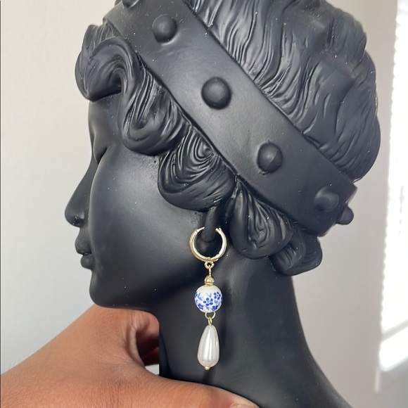 boutique Jewelry - Porcelain coastal summer Gold and Blue Drop light weight Earrings